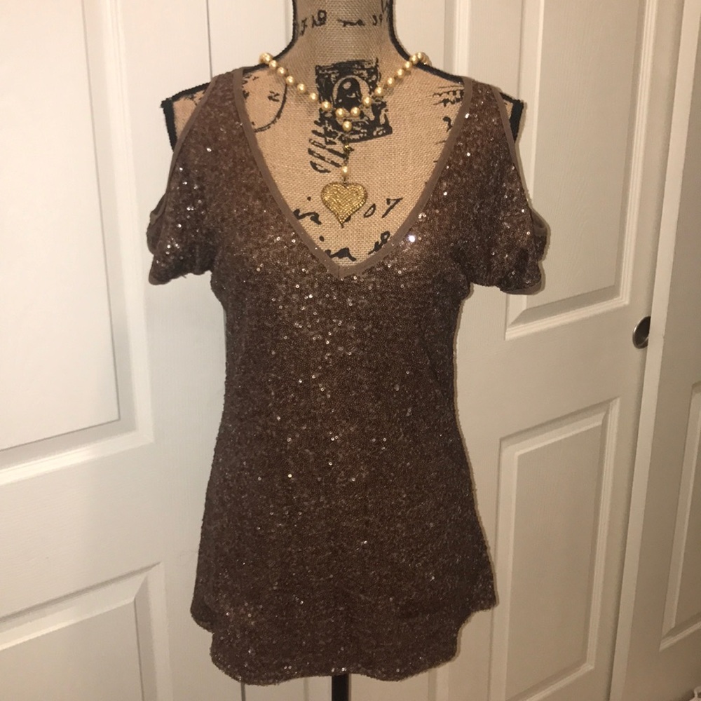 Boston Proper cold shoulder sequin V neck top!